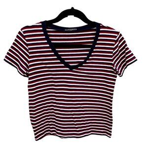 BRANDY MELVILLE 💙 JOHN GALT Burgundy & Blue & White Stripe V-Neck T-Shirt Top.